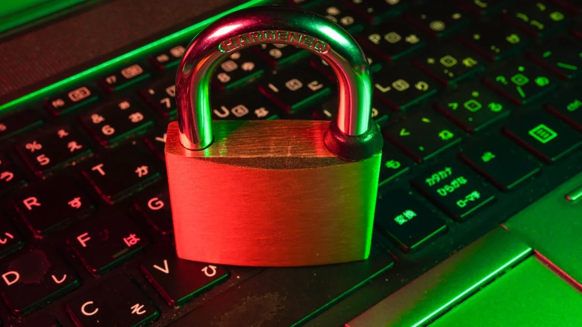 Padlock on keyboard under red and green light